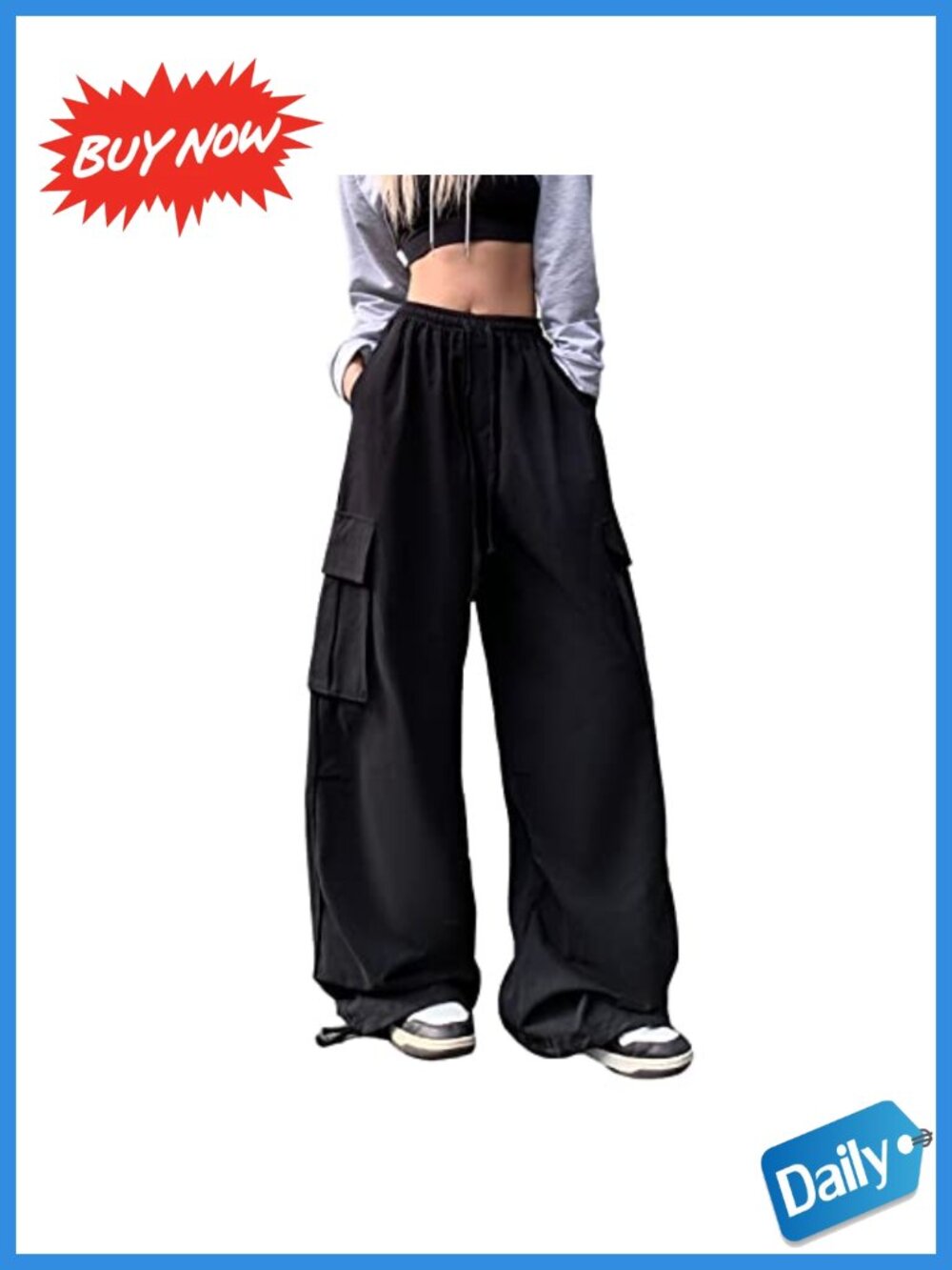 Hewlshawn Women's Cargo Pants Baggy High Waisted Gothic Y2K Wide Leg Trousers